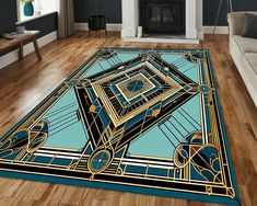 a living room area rug with an art deco design on the floor in front of a fireplace