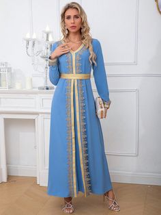 Blue Elegant,Modest Collar Long Sleeve Polyester Plain A Line Embellished Non-Stretch  Women Clothing Long Blue Winter Dress, Blue Long Sleeve Winter Dress, Blue V-neck Long Sleeve Dress For Fall, Women Long Sleeve Dress, Long Sleeve Knit Dress, Kids Beachwear, Dress P, Women Clothing, Women Clothes Sale