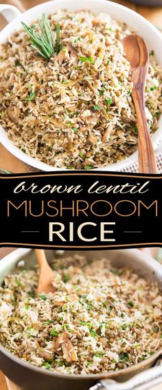 mushroom rice in a white bowl with a wooden spoon and text overlay that reads brown lentil mushroom rice