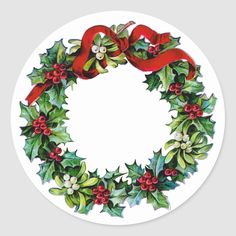 a christmas wreath with holly leaves and red ribbon round sticker on a white background