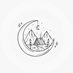 a drawing of a house on the moon with mountains and stars in the night sky