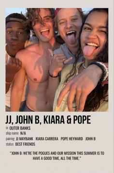 a group of people standing next to each other in front of a white poster with the words jj john b, karara & pope