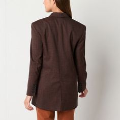 This tailored Worthington women's blazer is a must-have transitional piece for your work wardrobe to wear with pants or jeans for a casual look. Made from a smooth stretch-woven fabric, its single-breasted design is fully lined and cut for a regular-fit with notch lapels and front flap pockets. Front Style: Single BreastedClosure Type: ButtonFit: Regular FitPockets: 2 Front Flap PocketsSleeve Length: Long SleeveApparel Length: 32 InchesFiber Content: 68% Polyester, 30% Rayon, 2% SpandexFabric D… Brown Office Blazer, Fall Office Wear Blazer With Flat Front, Fall Career Blazer With Notch Lapel, Fall Professional Office Wear Blazer, Tailored Fall Career Blazer, Professional Blazer With Button Closure For Fall, Professional Fall Blazer With Button Closure, Professional Fall Blazer For Career, Professional Fall Career Blazer