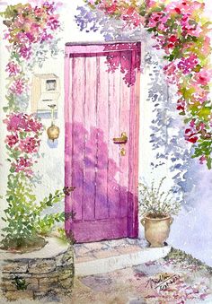 a watercolor painting of a pink door and potted plants in front of it