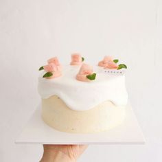 a hand holding a cake with white frosting and pink flowers on top that is topped with green leaves