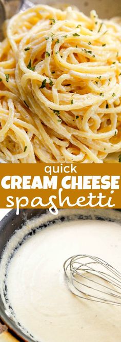 a pan filled with cream cheese pasta next to a whisk and sauce in a bowl