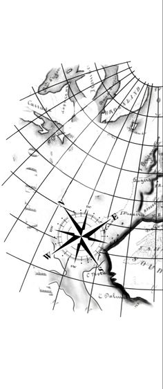 a black and white drawing of a compass on a map with lines going through it