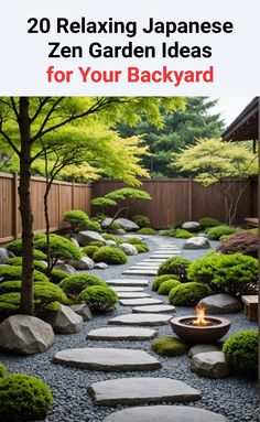 a garden with stepping stones and trees in the background, text reads 20 relaxing japanese garden ideas for your backyard