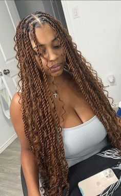 Goddess Braids With Twists, Twist Bohemian Braids, Black Twists Braids, Womens Twist Hairstyles, Summer Twists For Black Women, Island Twist With Curls And Color, Goddess Two Strand Twist, Twist Braids Hairstyles Brown, Hairstyles 2024 Black Women