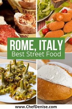 some food that is on top of a wooden table with the words rome, italy best street food