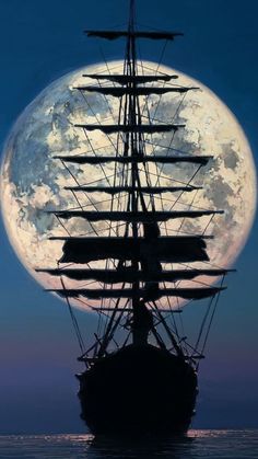 a full moon is seen behind an old sailing ship