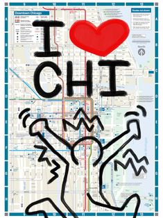 i love chicago on a map with the word'i love chicago'in black and red