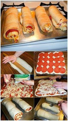 the process of making pizza roll ups is shown in multiple pictures, including one being rolled up