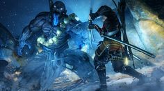 an image of some people in the snow with swords and other characters behind them,