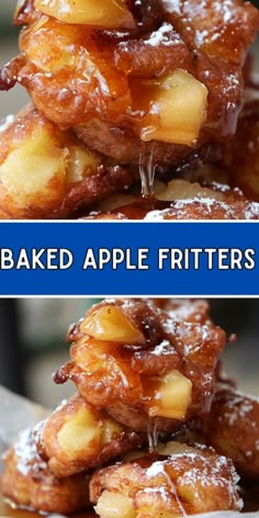 baked apple fritters stacked on top of each other with the words baked apple fritters above them