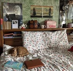 an orange cat laying on top of a bed next to a book shelf filled with books