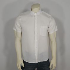 Description: Everlane The Linen Short Sleeve Standard Fit Shirt, 100% Linen, White, Buton Down, Button Down Collar, Front Left Chest Pocket. Condition: New With Tag, No Rips, Tears, 2 Ligth Dark Marks (Spots) On Left Side Of Middle Button. Measurements: Underarm To Underarm 22.5", Neck 17", Back Shoulder To Shoulder 17.75", Back Collar Seam To Bottom Hem 29" Navy Striped Shirt, Navy Blue Linen, Button Up Shirt Mens, Linen White, Linen Short, Mens Plaid, Back Shoulder, Red And White Stripes, Oxford Shirt