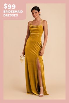 a woman in a yellow dress with the words $ 99 bridesmaid dresses on it