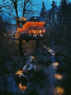 a tree house is lit up at night