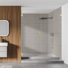 a bathroom with a sink, mirror and bathtub next to a wooden paneled wall