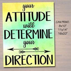 a blue and green watercolor poster with the words your attitude will determine your direction