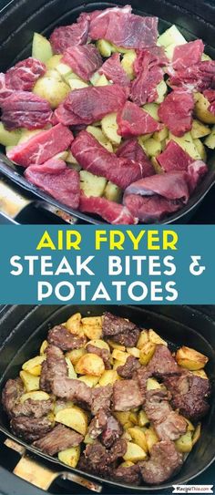 air fryed steak bites and potatoes with text overlay