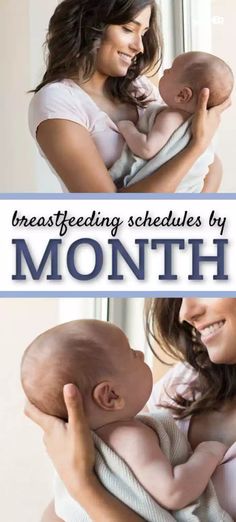 a woman holding a baby in her arms with the words breastfeeding schedules by month