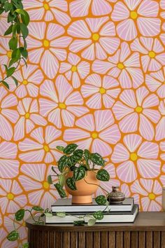 Flower Mosaic Orange Pink Gold Wallpaper Pink Gold Wallpaper, Floral Print Wallpaper, Flower Mosaic