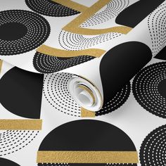 a black and gold wallpaper with circles on white, yellow and black background that looks like it has been designed in the style of art deco