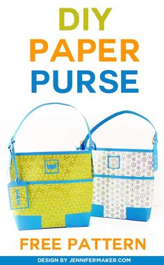 two purses with the text diy paper purse free pattern on top and bottom