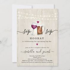 a card with two glasses of wine on it and string lights strung around the edges