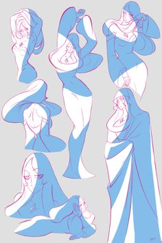 some blue and white drawings of women in different poses