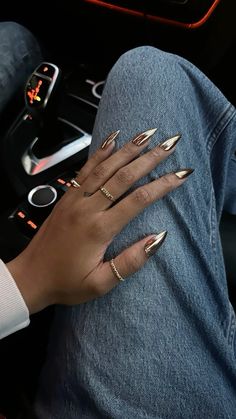 Black Chrome Nails, Gold Chrome Nails, Gold Acrylic Nails, Metallic Nails, Dark Nails, Prom Nails