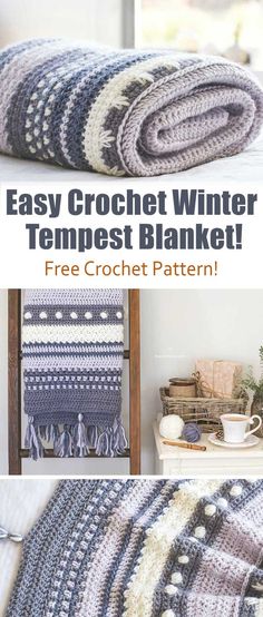 a crocheted blanket with text overlay that reads easy crochet winter tempestet blanket free crochet pattern