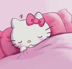 a hello kitty sleeping on top of a pink pillow