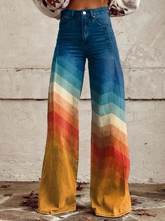 Cute Colorful Clothes, Rainbow Jeans, Print Wide Leg Pants, Casual Wide Leg Pants, Printed Wide Leg Pants, Mode Chic, Stripe Print, Women Style, Blue Stripes