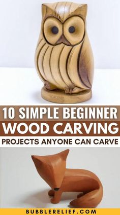 an owl figurine is shown with the words, 10 simple beginner wood carving projects