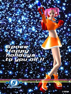 a girl in an orange and white dress is holding a tennis racquet with the words space happy holidays to you all