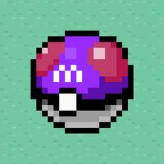 an image of a mushroom pixelated in purple and red on a green background with white dots