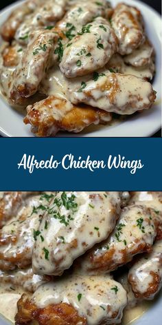 chicken wings covered in gravy and garnished with parsley