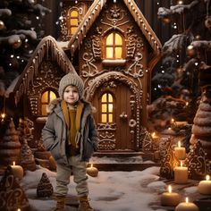 a young boy standing in front of a gingerbread house with lit candles around it