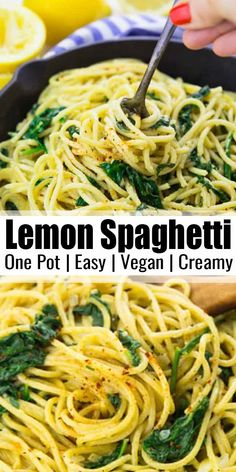 lemon spaghetti with spinach and parsley in a skillet