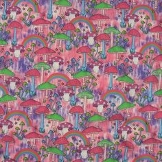 a pink background with mushrooms and rainbows on it, all in different colors that appear to be painted