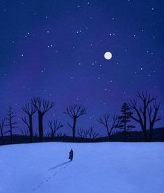 a painting of a person walking in the snow at night