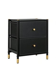 a black and gold nightstand with two drawers on it's sides, against a white background