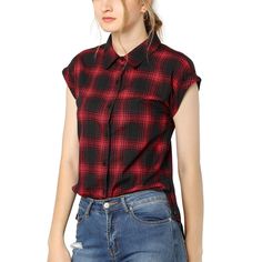 Look no further than this stylish short-sleeved plaid button-down shirt. The relaxed fit and turned-up sleeves make it a perfect choice for casual weekend outings, while the point collar and button closure front give it a touch of sophistication for more formal occasions. The plaid print and buttoned sides add a fun, playful element to this versatile piece. Whether you're running errands, meeting friends, or attending a party or church service, this shirt is sure to become a go-to favorite. Pair Summer Plaid, Women's Button Down Shirt, Tops Casual, Plaid Shorts, Plaid Tops, Plaid Print, Womens Clothing Sizes, Shop Blouses, Short Tops