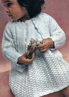 "*Knitting pattern to knit a dress and matching cardigan. *Two sizes 20\" and 22\" chest (51cm and 56cm); ages approx. 6-12 months and 1-2 years *The edges are created using crochet and there are diagrams to help you with the crochet stitches. *This is an old pattern knit using Baby Quick Knit which is between 4 ply and double knitting but, as it's knit using size 10 (3.25mm) and size 8 (4mm) needles, I would say the pattern is nearer to double knitting. The best thing is to knit a tension squar Cardigan Bebe, Patron Vintage, Quick Knits, Vintage Knitting Patterns, Baby Set, Girl Coat, Crochet Edging, Free Baby Stuff