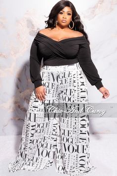 Polyester %: 96 Spandex %: 4 Model is wearing 1x Plus Size Palazzo Pants, Plus Size Off The Shoulder Top, Black Vogue, Plus Size Palazzo, Plus Size Off The Shoulder, Chic And Curvy, Midi Skirt Outfit, Criss Cross Top, Off The Shoulder Top