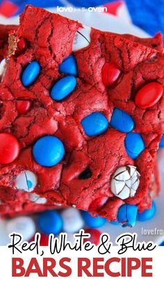 red, white and blue bars recipe on a plate with the title in the middle