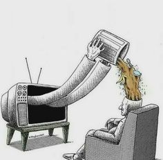 a person sitting in a chair with a television on it's back and the tv is